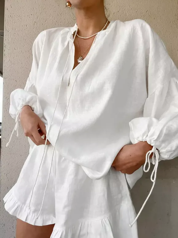 Ensemble chemise oversize en lin rose pastel bleu et blanc taille élastique et short à volants
