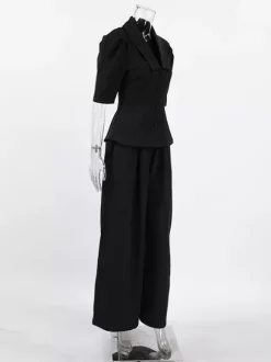 Ensemble coordonné sophistiqué style français pour femme - Haut à manches bouffantes et col cranté pantalon noir à jambes larges - Tenue de travail été 2026