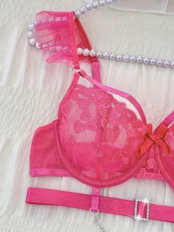 Ensemble de lingerie 3 pièces avec soutien-gorge et jupon transparents à strass roses