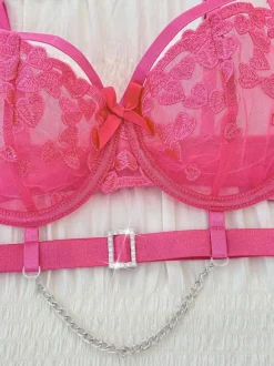 Ensemble de lingerie 3 pièces avec soutien-gorge et jupon transparents à strass roses