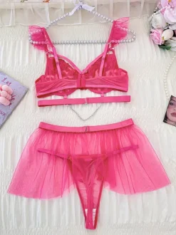 Ensemble de lingerie 3 pièces avec soutien-gorge et jupon transparents à strass roses