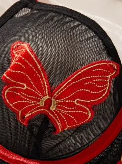 Ensemble de lingerie 3 pièces en maille transparente avec broderie papillon rouge