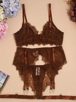 Ensemble de lingerie 4 pièces en dentelle transparente marron café : soutien-gorge culotte et porte-jarretelles