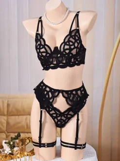 Ensemble de lingerie 4 pièces en dentelle transparente noire : soutien-gorge culotte et porte-jarretelles
