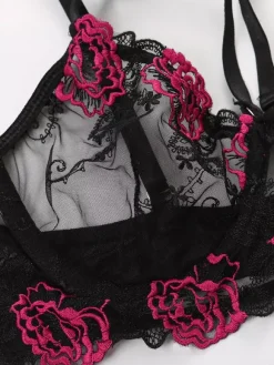 Ensemble de lingerie 2 pièces à imprimé floral soutien-gorge et culotte noirs transparents à lacets