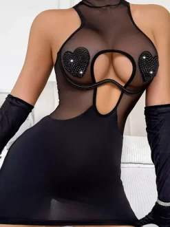 Ensemble de lingerie 3 pièces pour femme : chemise noire à lacets imprimé léopard dos nu