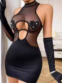 Ensemble de lingerie 3 pièces pour femme : chemise noire à lacets imprimé léopard dos nu