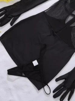 Ensemble de lingerie 3 pièces pour femme : chemise noire à lacets imprimé léopard dos nu