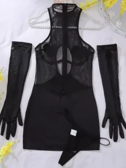 Ensemble de lingerie 3 pièces pour femme : chemise noire à lacets imprimé léopard dos nu