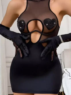 Ensemble de lingerie 3 pièces pour femme : chemise noire à lacets imprimé léopard dos nu
