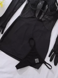 Ensemble de lingerie 3 pièces pour femme : chemise noire à lacets imprimé léopard dos nu