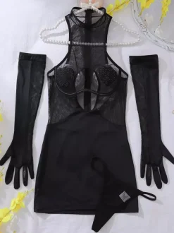 Ensemble de lingerie 3 pièces pour femme : chemise noire à lacets imprimé léopard dos nu