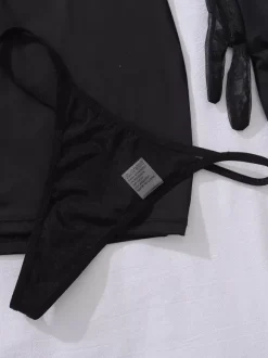 Ensemble de lingerie 3 pièces pour femme : chemise noire à lacets imprimé léopard dos nu