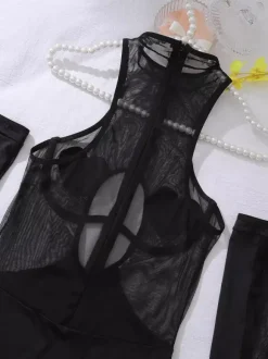 Ensemble de lingerie 3 pièces pour femme : chemise noire à lacets imprimé léopard dos nu