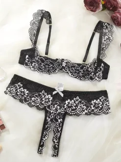 Ensemble de lingerie 2 pièces sans entrejambe et sans bonnets avec n艙uds et soutien-gorge rouge