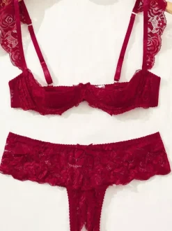 Ensemble de lingerie 2 pièces sans entrejambe et sans bonnets avec n艙uds et soutien-gorge rouge