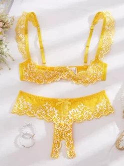Ensemble de lingerie 2 pièces sans entrejambe et sans bonnets avec n艙uds et soutien-gorge rouge