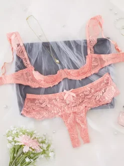 Ensemble de lingerie 2 pièces sans entrejambe et sans bonnets avec n艙uds et soutien-gorge rouge