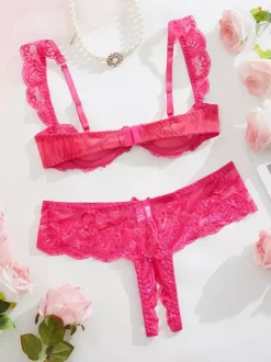 Ensemble de lingerie 2 pièces sans entrejambe et sans bonnets avec n艙uds et soutien-gorge rouge