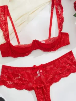 Ensemble de lingerie 2 pièces sans entrejambe et sans bonnets avec n艙uds et soutien-gorge rouge