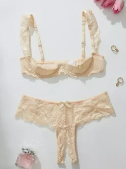 Ensemble de lingerie 2 pièces sans entrejambe et sans bonnets avec n艙uds et soutien-gorge rouge