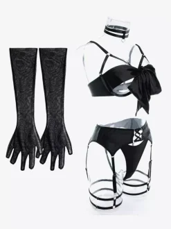 Ensemble de lingerie 3 pièces soutien-gorge et culotte noirs à lacets sans bonnets