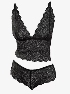Ensemble de lingerie sexy en dentelle noire 2 pièces avec soutien-gorge et culotte taille haute en maille transparente