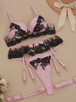 Ensemble de lingerie sexy en dentelle à imprimé floral rose 4 pièces soutien-gorge et culotte