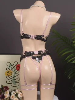 Ensemble de lingerie sexy en dentelle à imprimé floral rose 4 pièces soutien-gorge et culotte