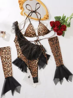 Ensemble de lingerie sexy léopard 3 pièces soutien-gorge et culotte pour adulte