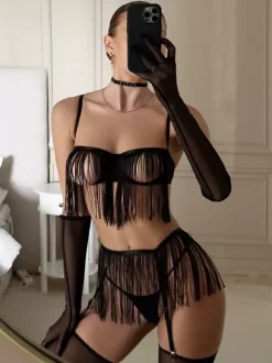 Ensemble de lingerie sexy noire à franges 6 pièces soutien-gorge et culotte ajourés en dentelle transparente à pompons