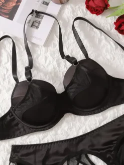 Ensemble de lingerie sexy 4 pièces soutien-gorge et culotte noirs pour adultes