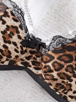 Ensemble de lingerie sexy 4 pièces en dentelle marron à imprimé girafe pour adulte