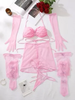 Ensemble de lingerie sexy 5 pièces rose soutien-gorge et culotte pour adulte