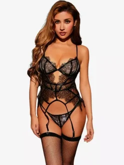 Ensemble de lingerie sexy 3 pièces en dentelle noire avec soutien-gorge et culotte à armatures