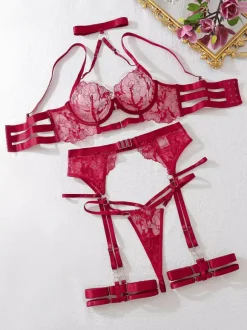 Ensemble de lingerie sexy 3 pièces soutien-gorge et culotte pour adulte noir