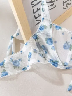 Ensemble de lingerie transparente à lacets et imprimé floral soutien-gorge et culotte blancs 2 pièces