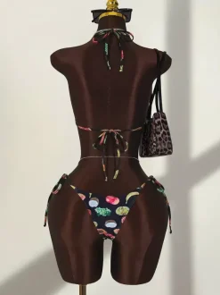 Ensemble de maillot de bain 3 pièces à imprimé fruits pour femme - Bikini triangle dos nu avec pantalon large paréo - Collection été 2026