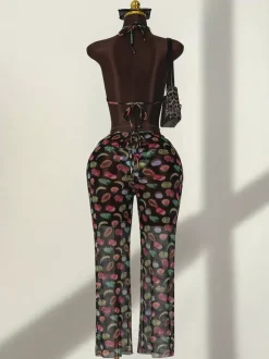 Ensemble de maillot de bain 3 pièces à imprimé fruits pour femme - Bikini triangle dos nu avec pantalon large paréo - Collection été 2026