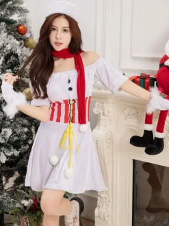 Ensemble de Noël pour femme Chapeau blanc Robe Gants Polyester Costumes de vacances de Noël