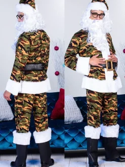 Ensemble de noël pour hommes chapeau en fibre de Polyester rouge pantalon haut en Polyester Costumes de vacances du père noël
