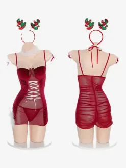 Ensemble De 5 Pièces Costumes De Père Noël Robe Sexy De Noël Robe Fendue