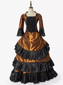 Ensemble de robe victorienne style vintage orange à volants et manches longues robe classique rétro