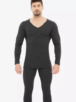 Ensemble de sous-vêtements unisexe doublé polaire coupe ajustée col en V haut et bas sans coutures.