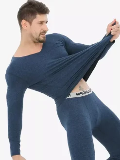 Ensemble de sous-vêtements unisexe doublé polaire coupe ajustée col en V haut et bas sans coutures.