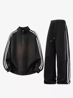 Ensemble de survêtement 2 pièces pour homme col montant manches longues sweat-shirt rayé et pantalon