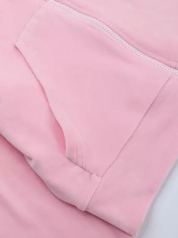 Ensemble de survêtement rose pour femme deux pièces : sweat à capuche court zippé tendance et pantalon droit - Vêtement d'intérieur printemps 2026 en velours style années 2000