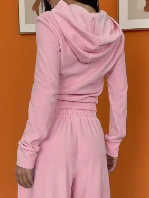 Ensemble de survêtement rose pour femme deux pièces : sweat à capuche court zippé tendance et pantalon droit - Vêtement d'intérieur printemps 2026 en velours style années 2000