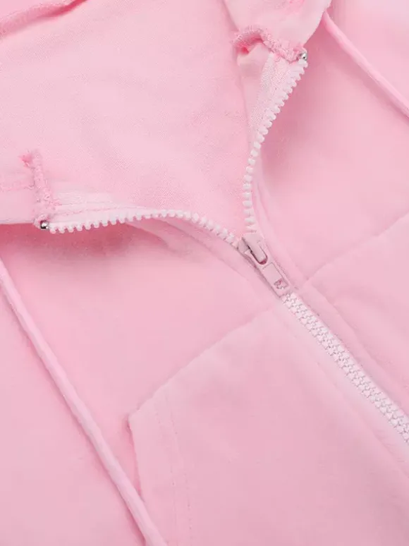 Ensemble de survêtement rose pour femme deux pièces : sweat à capuche court zippé tendance et pantalon droit - Vêtement d'intérieur printemps 2026 en velours style années 2000