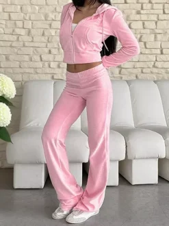 Ensemble de survêtement rose pour femme deux pièces : sweat à capuche court zippé tendance et pantalon droit - Vêtement d'intérieur printemps 2026 en velours style années 2000